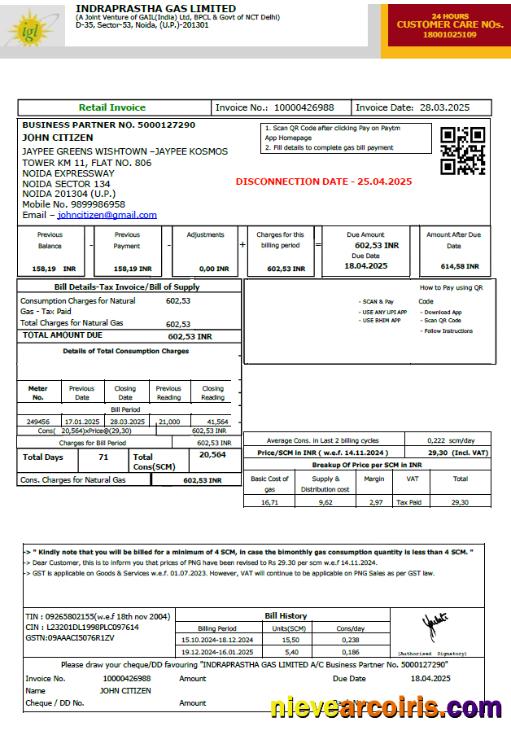 India Indraprastha Gas utility bill, version 2
